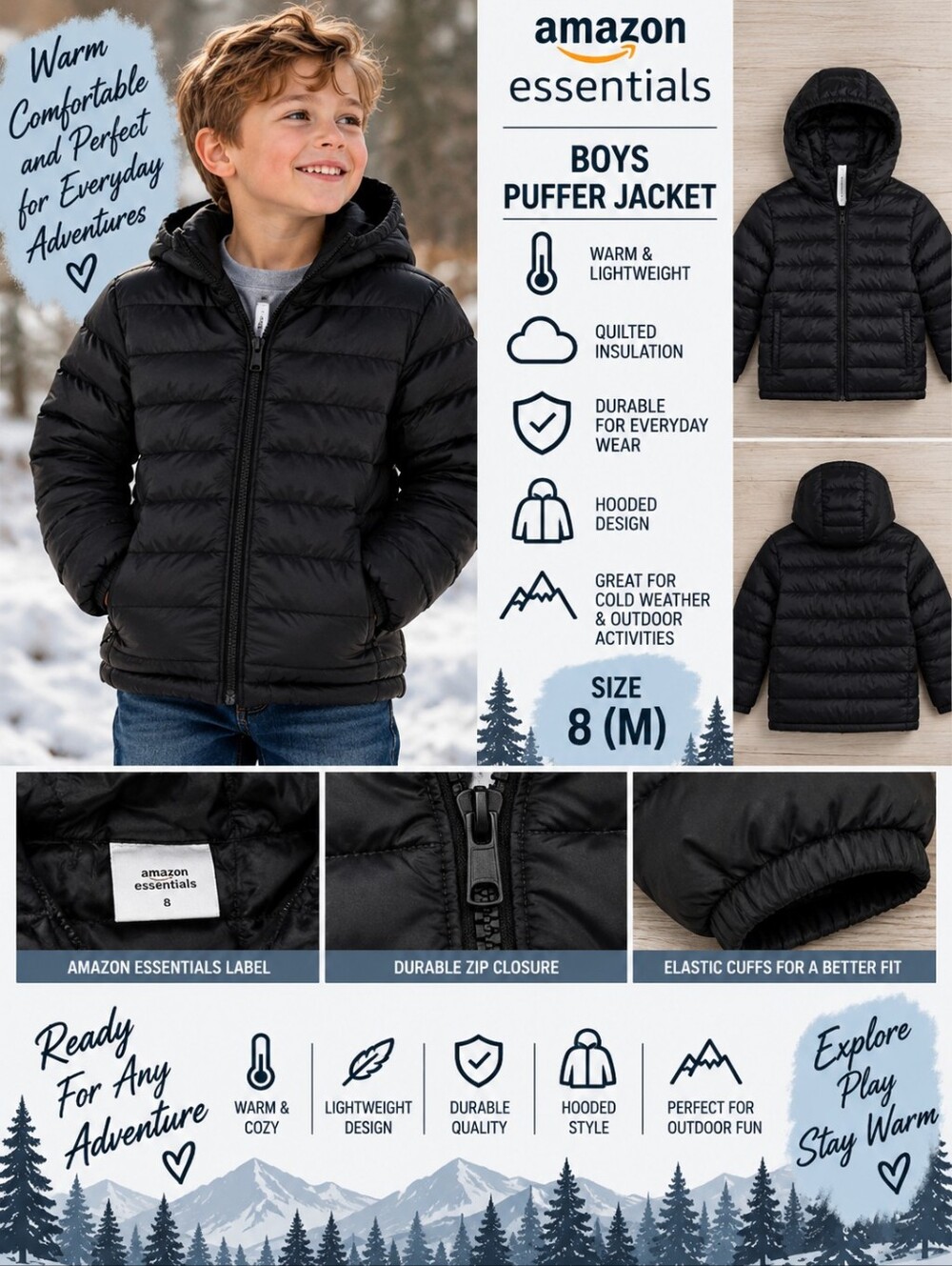 New amazon essentials boys size 8 black puffer zip up jacket #35